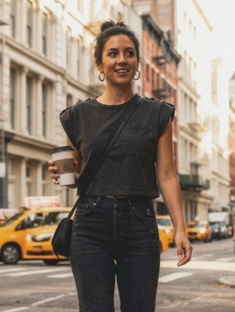 Veronica Beard Black Cuffed Cap Sleeve Cropped Tee M